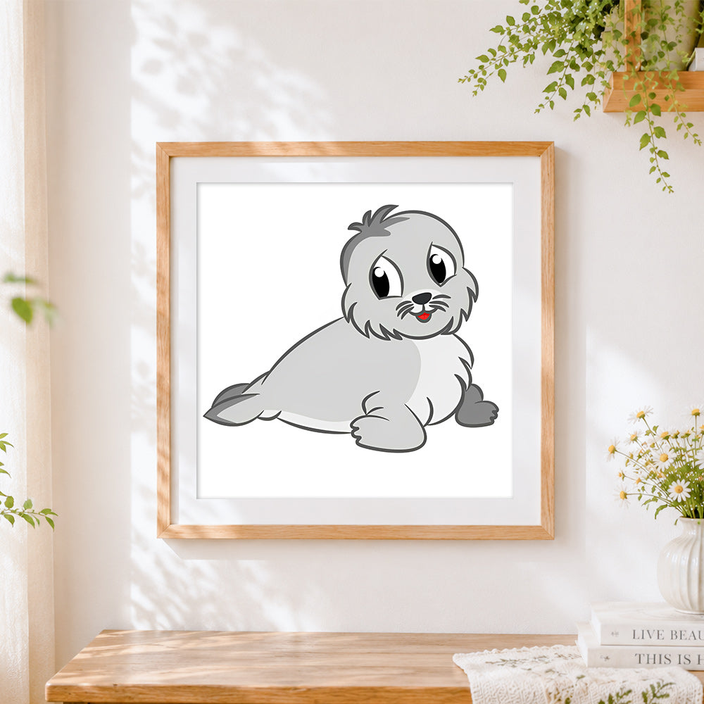 Finished adorable grey seal pup cross stitch artwork displayed