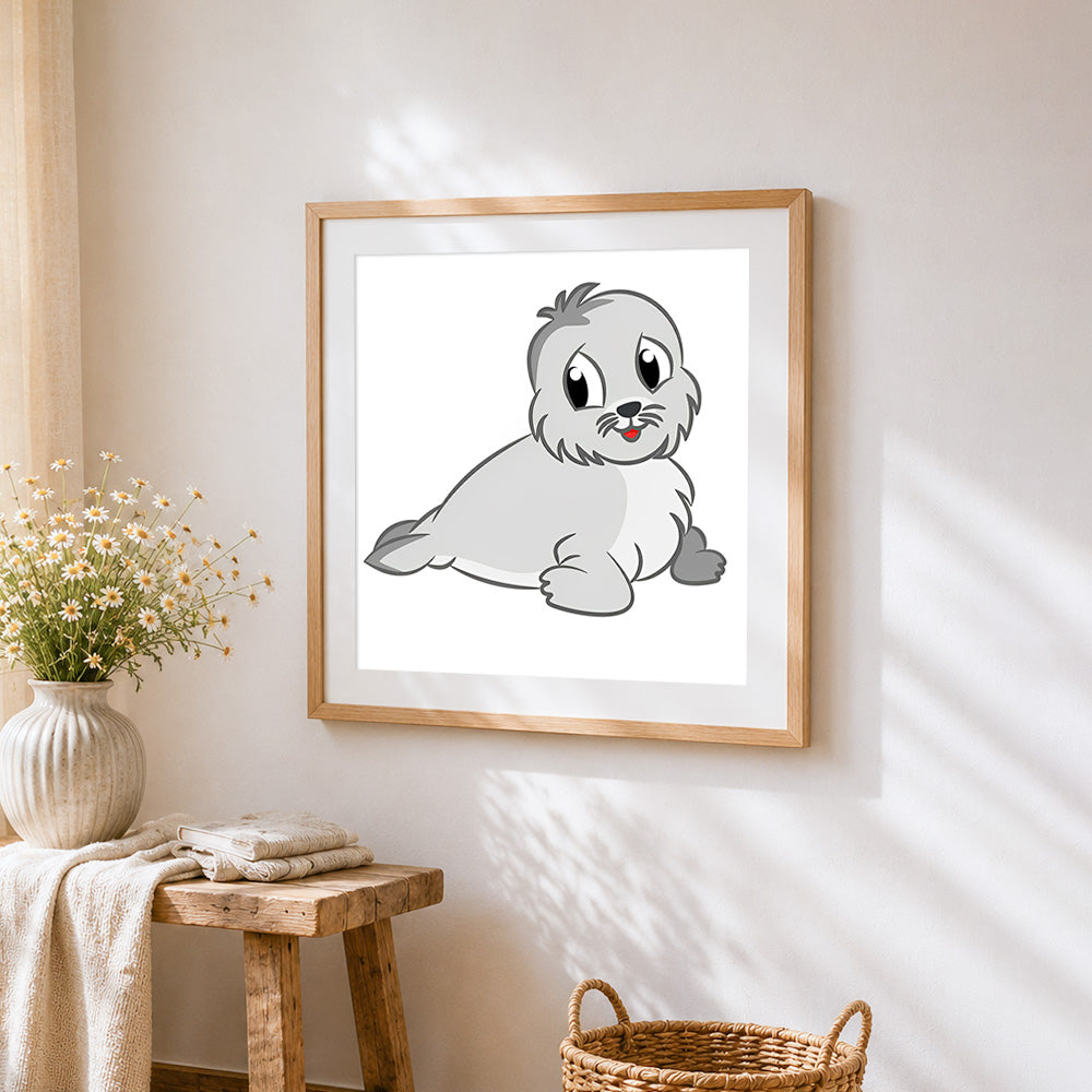 Adorable grey seal pup cross stitch artwork displayed on wall as home decor
