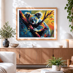 Finished adorable koala climbing a tree cross stitch artwork displayed