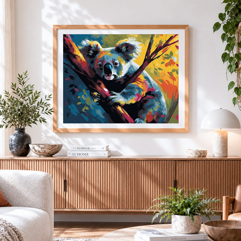 Finished adorable koala climbing a tree paint by numbers artwork displayed as home decor