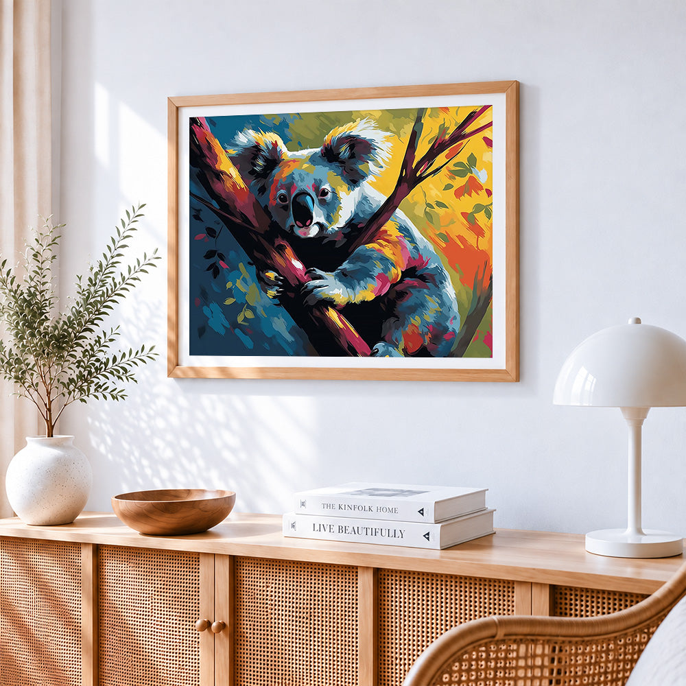 Adorable koala climbing a tree paint by numbers artwork displayed on wall as home decor