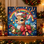 Finished adorable little christmas reindeer pearl diamond painting artwork displayed as holiday home decor