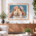 Finished adorable lop eared bunny with a floral crown cross stitch artwork displayed
