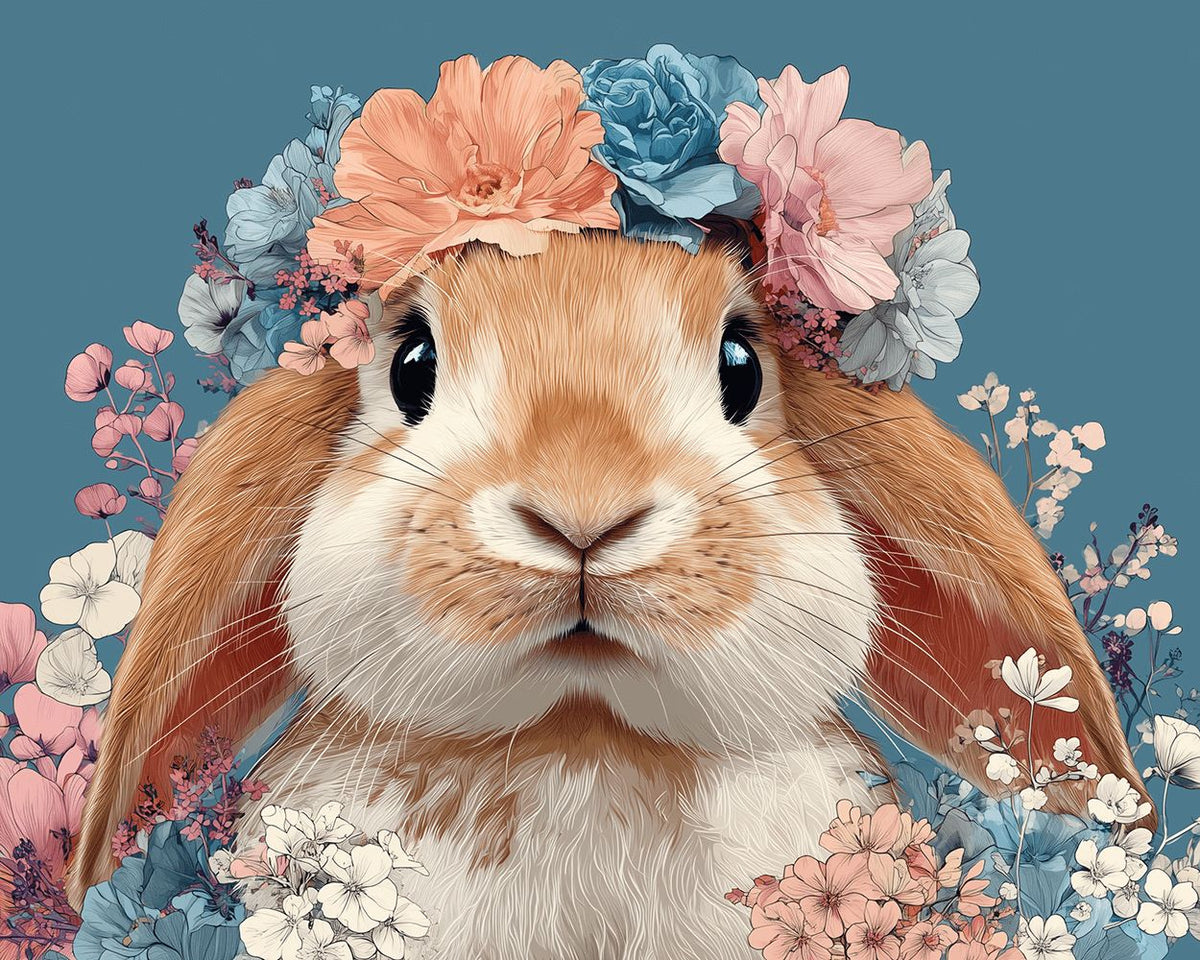 Adorable lop eared bunny with a floral crown cross stitch kit for beginners