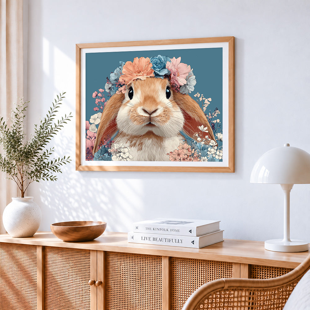 Adorable lop eared bunny with a floral crown cross stitch artwork displayed on wall as home decor