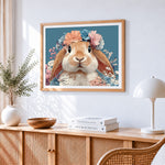 Adorable lop eared bunny with a floral crown paint by numbers artwork displayed on wall as home decor