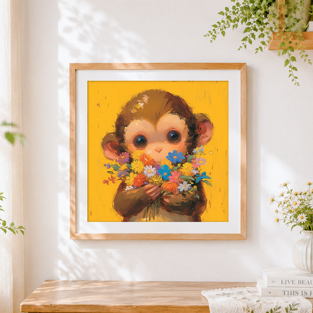Finished adorable monkey with a bouquet of flowers cross stitch artwork displayed