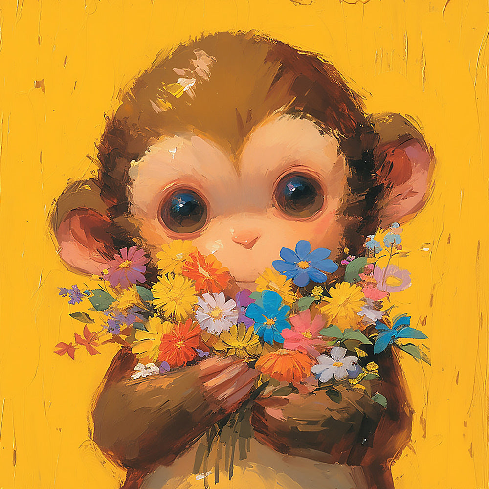 Adorable monkey with a bouquet of flowers cross stitch kit for beginners
