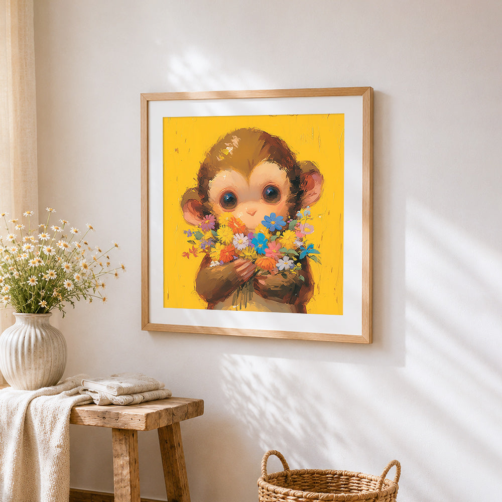 Adorable monkey with a bouquet of flowers cross stitch artwork displayed on wall as home decor