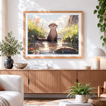 Finished adorable otter by the water cross stitch artwork displayed