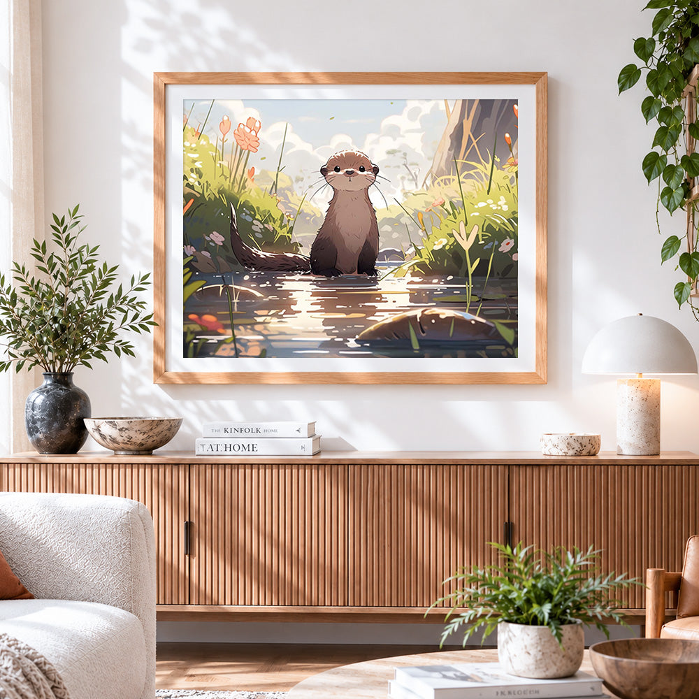 Finished adorable otter by the water cross stitch artwork displayed