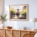 Adorable otter by the water cross stitch artwork displayed on wall as home decor