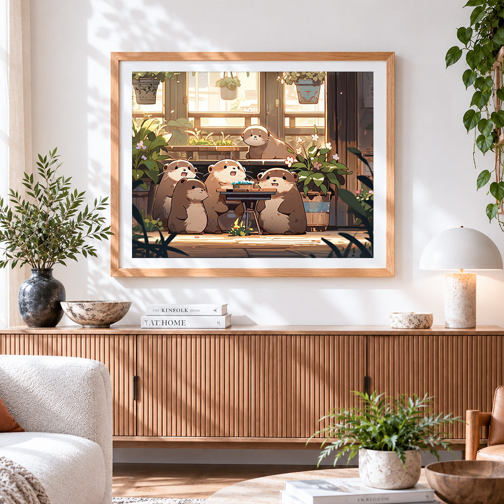 Finished adorable otter family cross stitch artwork displayed