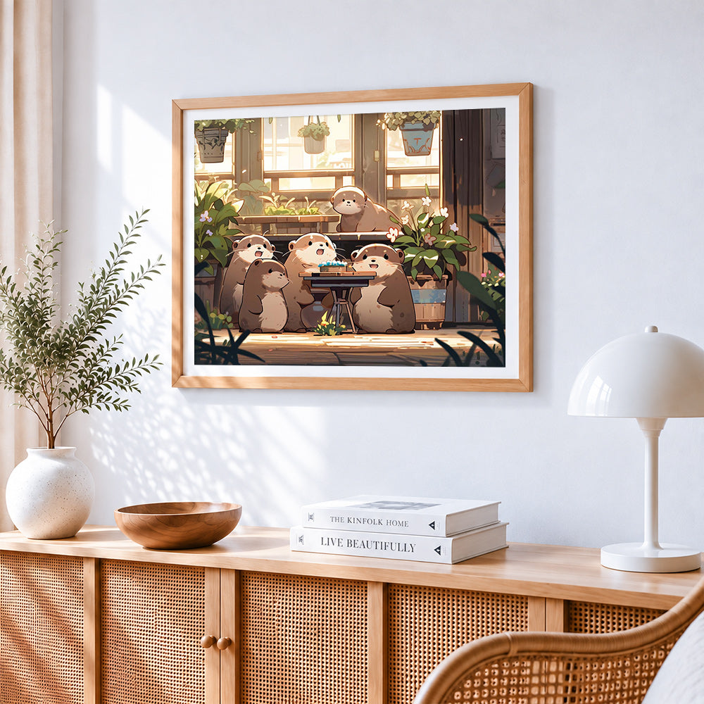 Adorable otter family cross stitch artwork displayed on wall as home decor