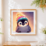Finished adorable penguin in a winter beanie cross stitch artwork displayed