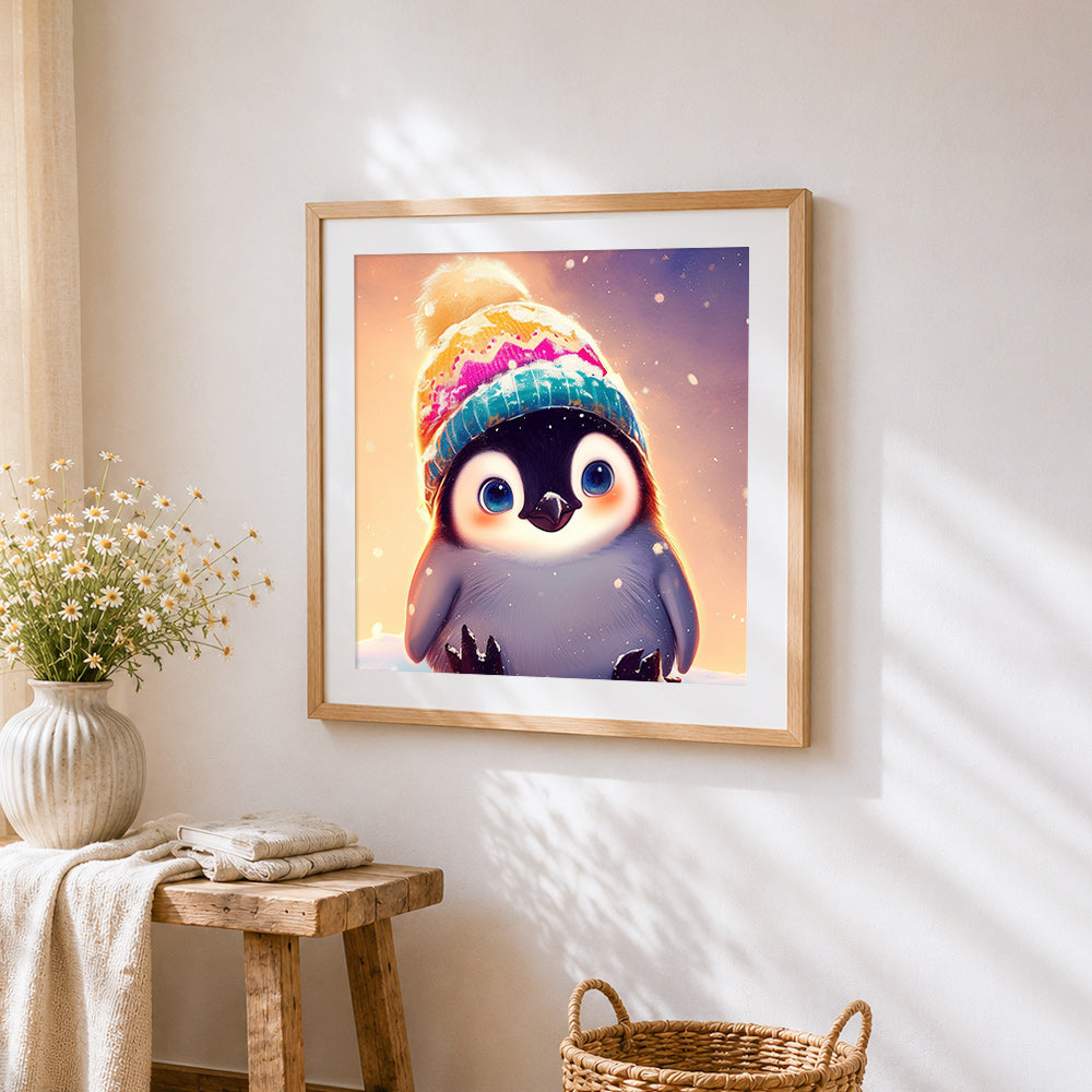 Adorable penguin in a winter beanie cross stitch artwork displayed on wall as home decor