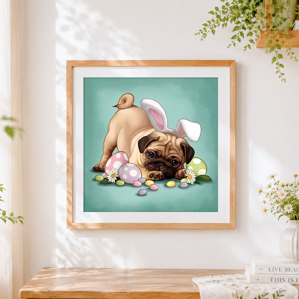 Finished adorable pug dog and easter eggs cross stitch artwork displayed