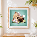 Finished adorable pug dog and easter eggs cross stitch artwork displayed