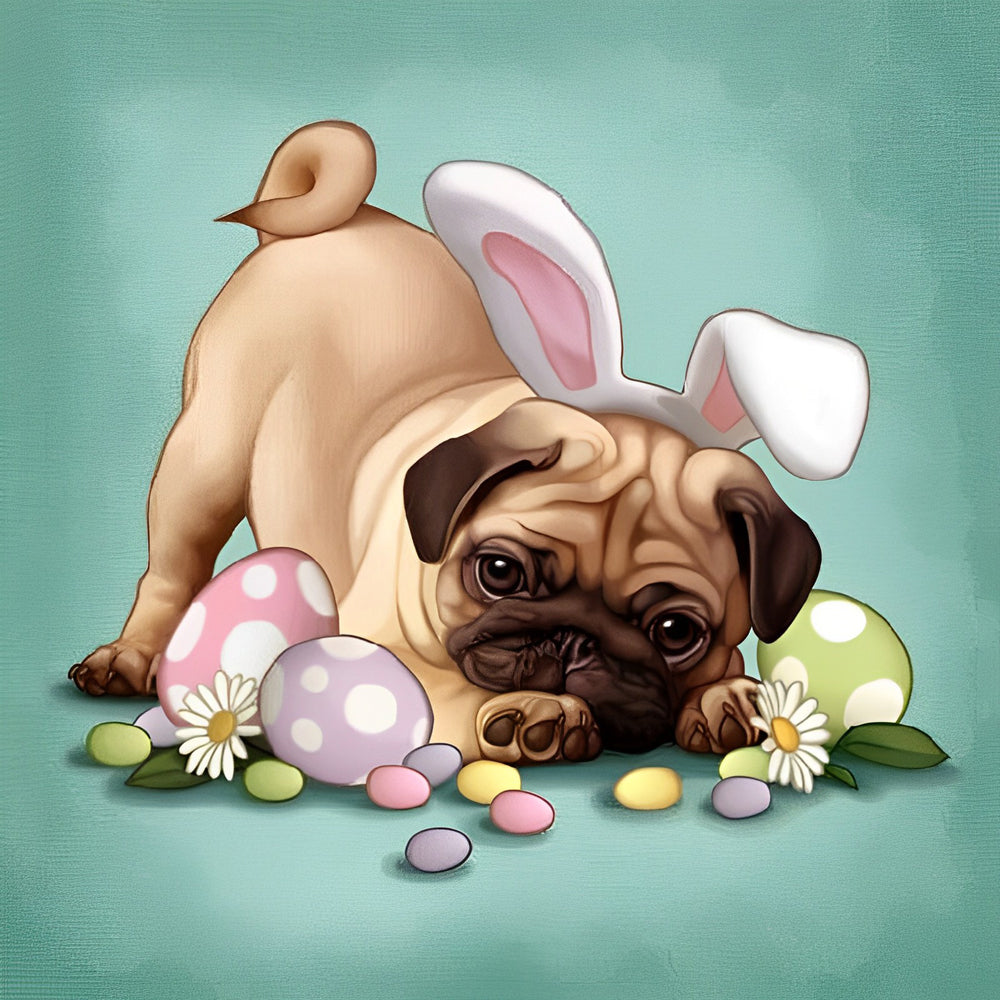 Adorable pug dog and easter eggs cross stitch kit for beginners