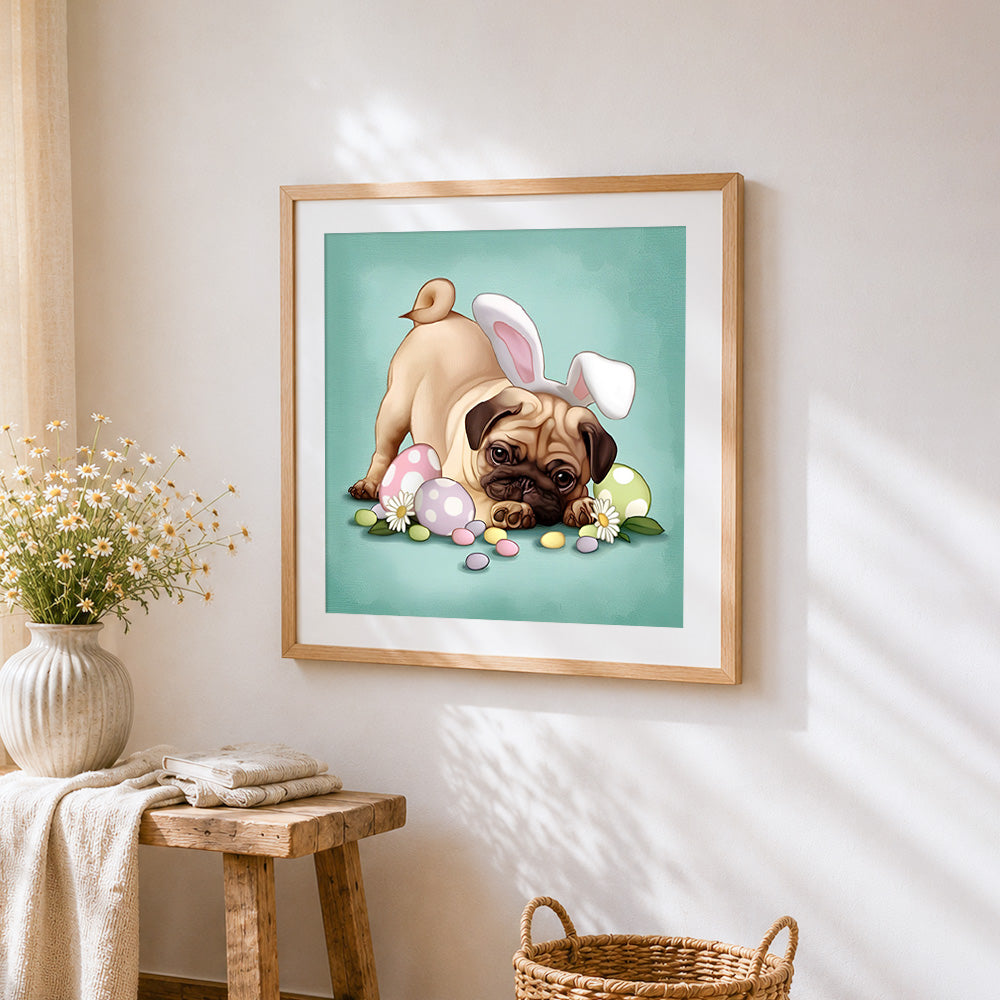 Adorable pug dog and easter eggs cross stitch artwork displayed on wall as home decor