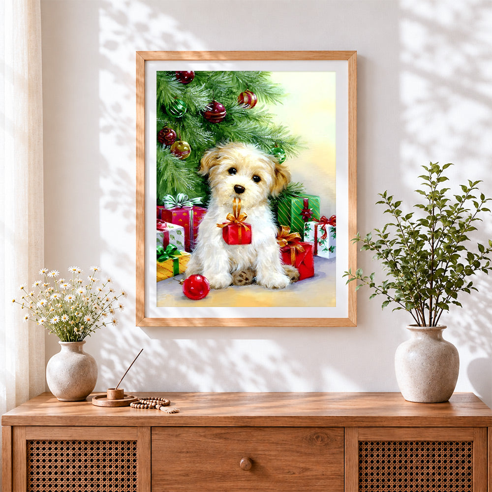 Finished adorable puppy under christmas tree cross stitch artwork displayed