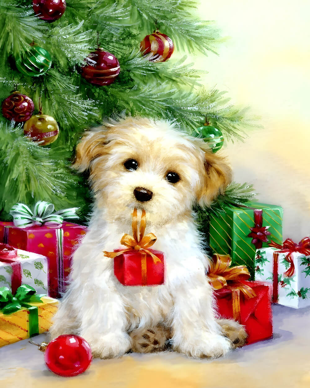 Adorable puppy under christmas tree cross stitch kit for beginners