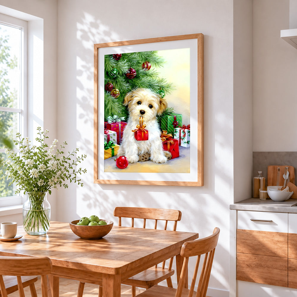 Adorable puppy under christmas tree cross stitch artwork displayed on wall as home decor