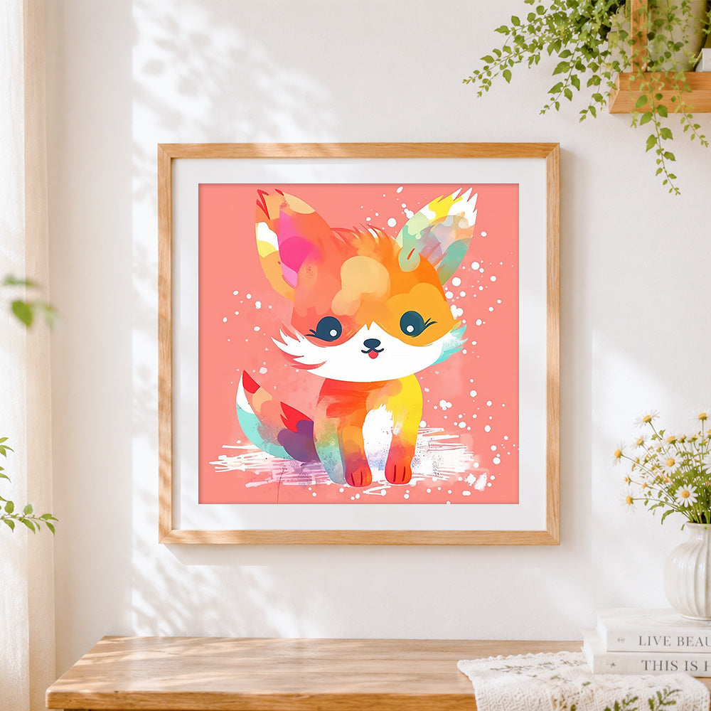 Finished adorable rainbow fox cross stitch artwork displayed