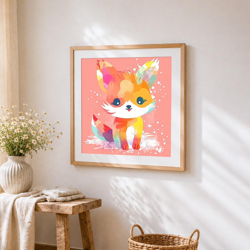 Adorable rainbow fox cross stitch artwork displayed on wall as home decor