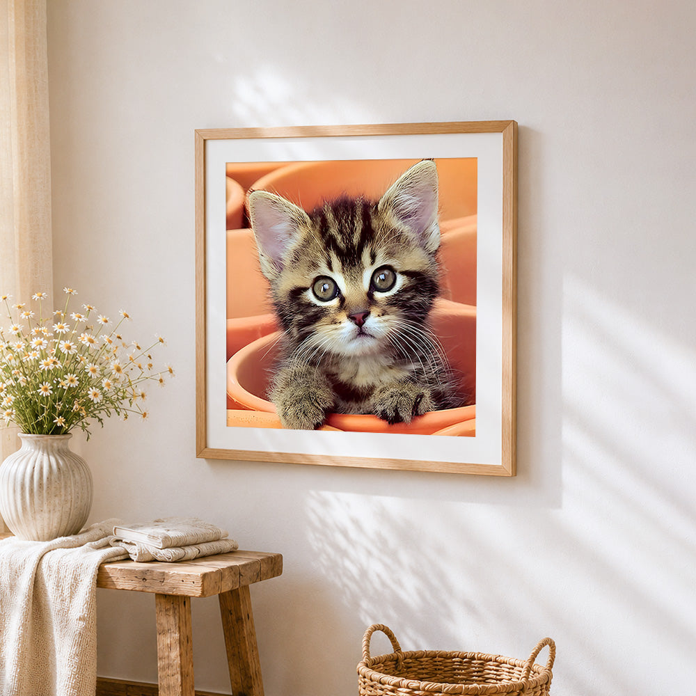 Adorable tabby kitten in orange pots paint by numbers artwork displayed on wall as home decor