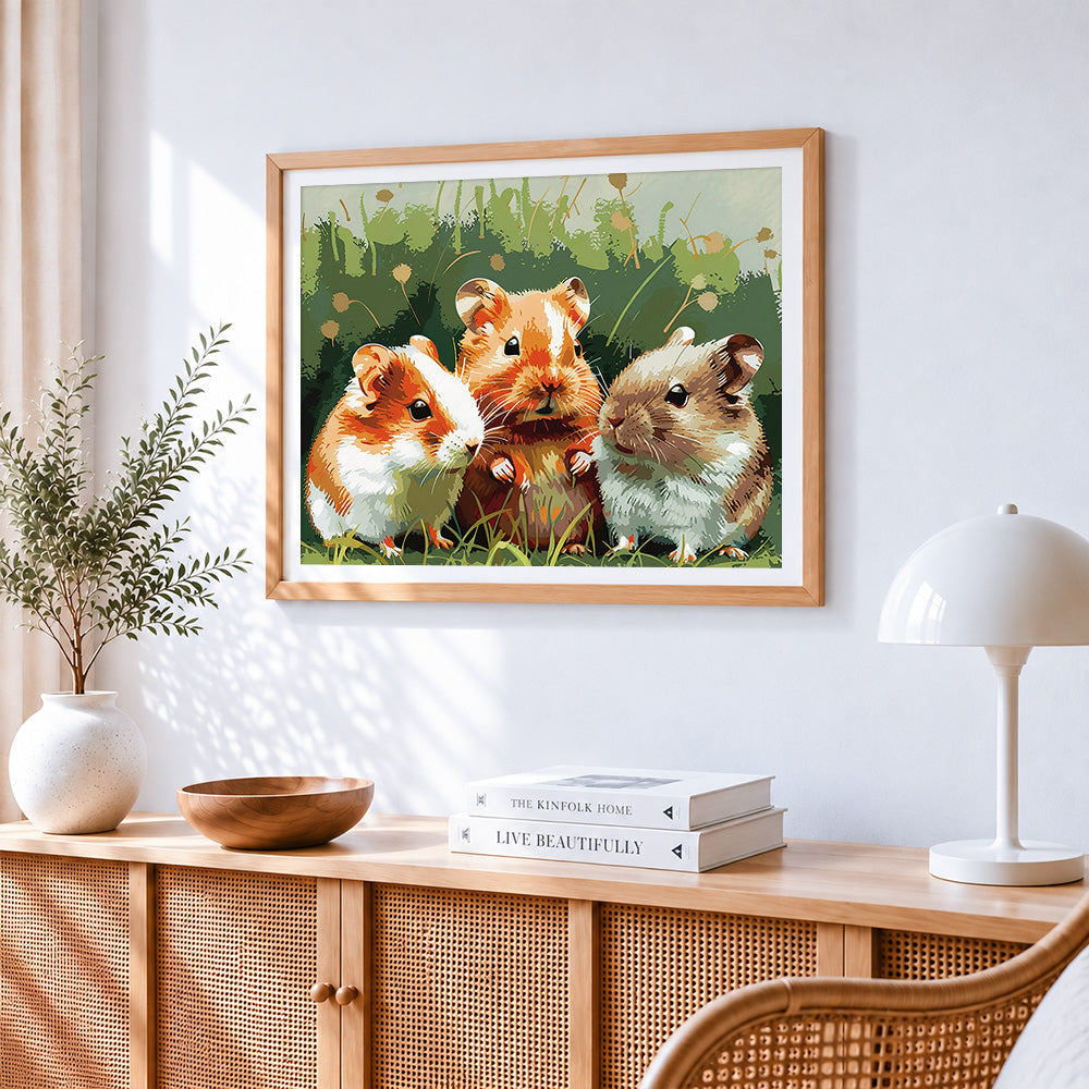 Cute pair of hamsters cross stitch artwork displayed on wall as home decor