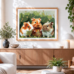 Finished adorable trio of hamsters in the grass paint by numbers artwork displayed as home decor