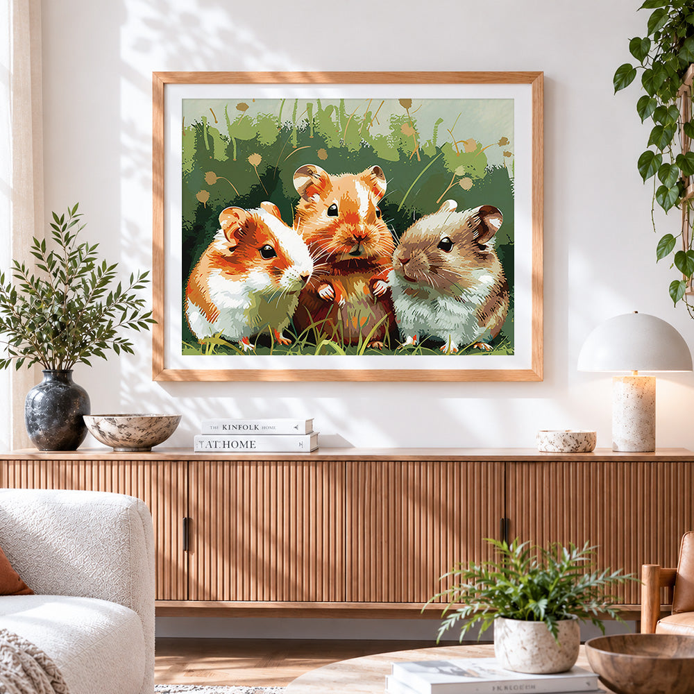 Finished adorable trio of hamsters in the grass paint by numbers artwork displayed as home decor