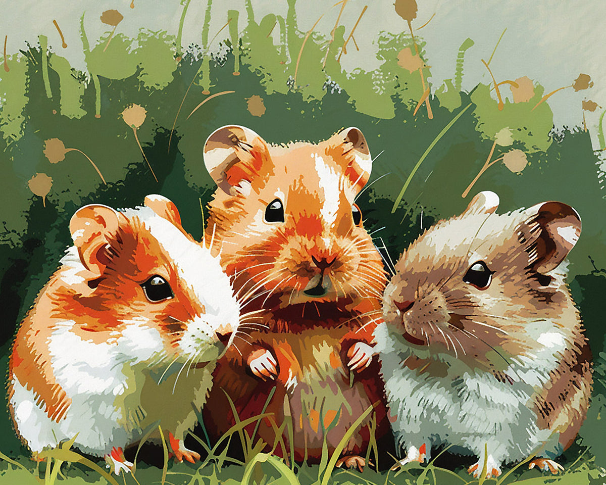 Adorable trio of hamsters in the grass paint by numbers kit for beginners