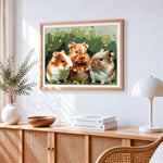 Adorable trio of hamsters in the grass paint by numbers artwork displayed on wall as home decor