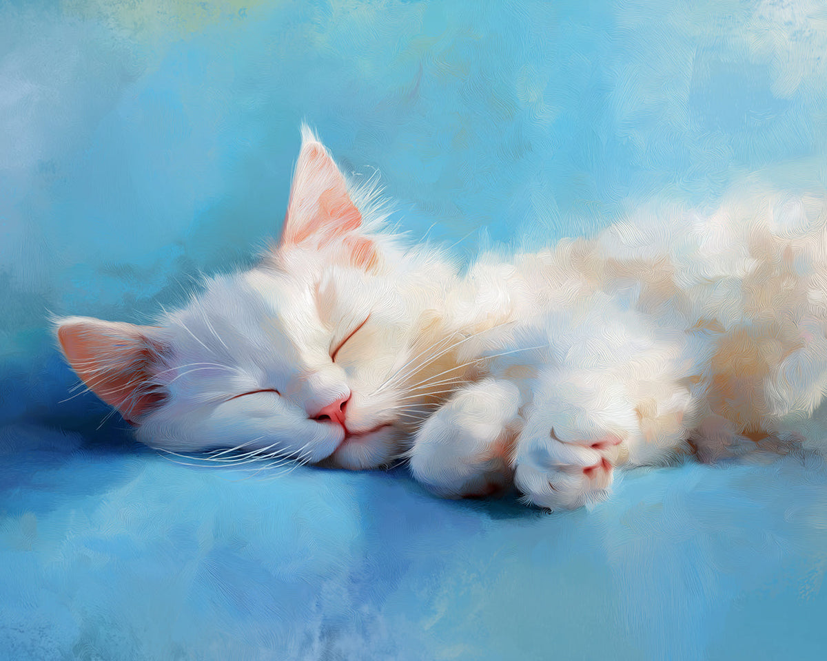 Adorable white cat sleeping paint by numbers kit for beginners