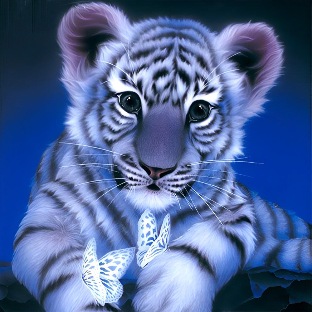 Adorable white tiger cub with butterflies paint by numbers kit for beginners