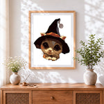 Finished adorable witchy kitty cross stitch artwork displayed