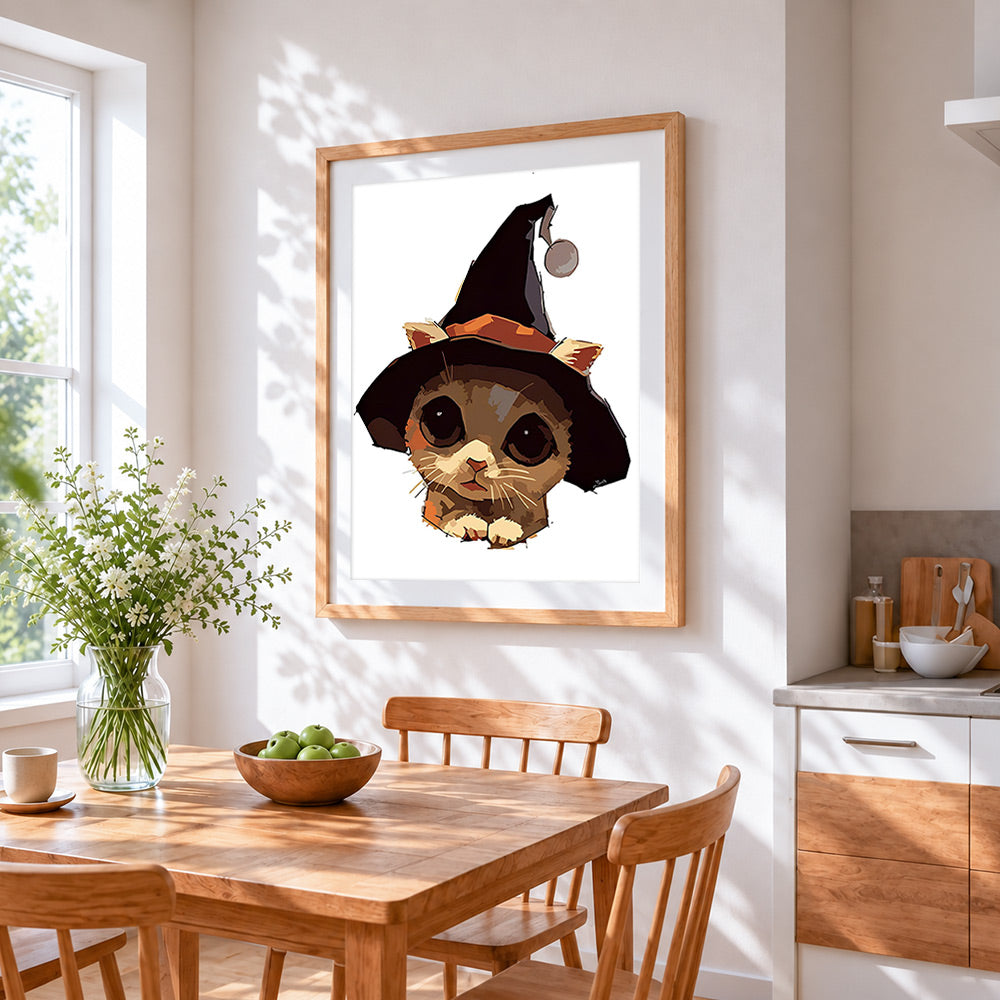 Adorable witchy kitty cross stitch artwork displayed on wall as home decor