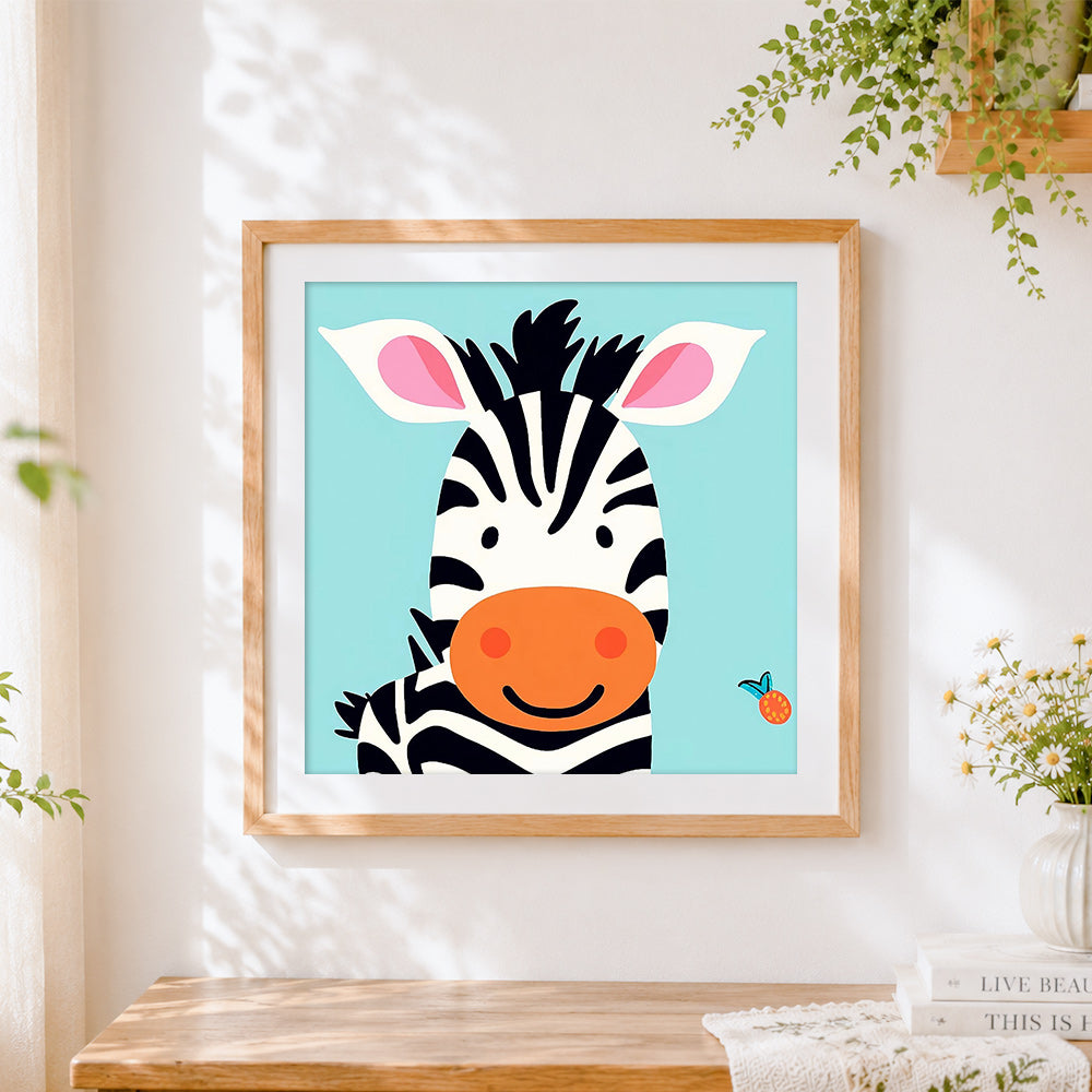 Finished adorable zebra with pink ears cross stitch artwork displayed