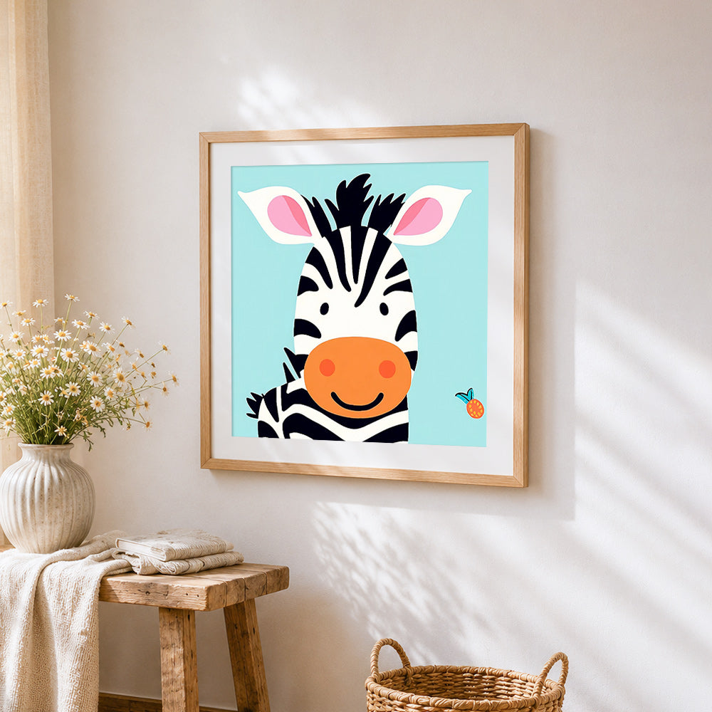 Adorable zebra with pink ears cross stitch artwork displayed on wall as home decor
