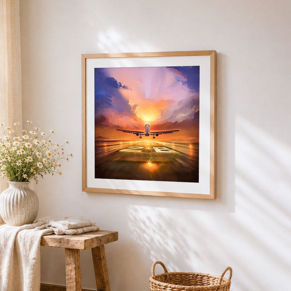Aeroplane taking off at sunset cross stitch artwork displayed on wall as home decor