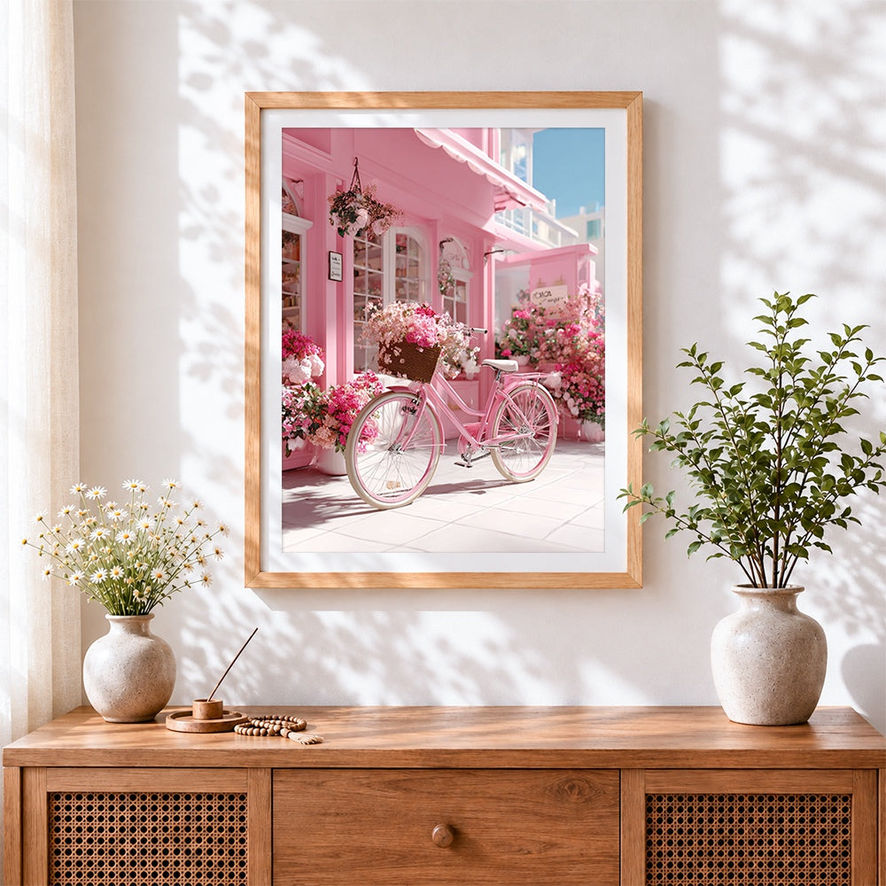 Finished aesthetic pink flower shop cross stitch artwork displayed