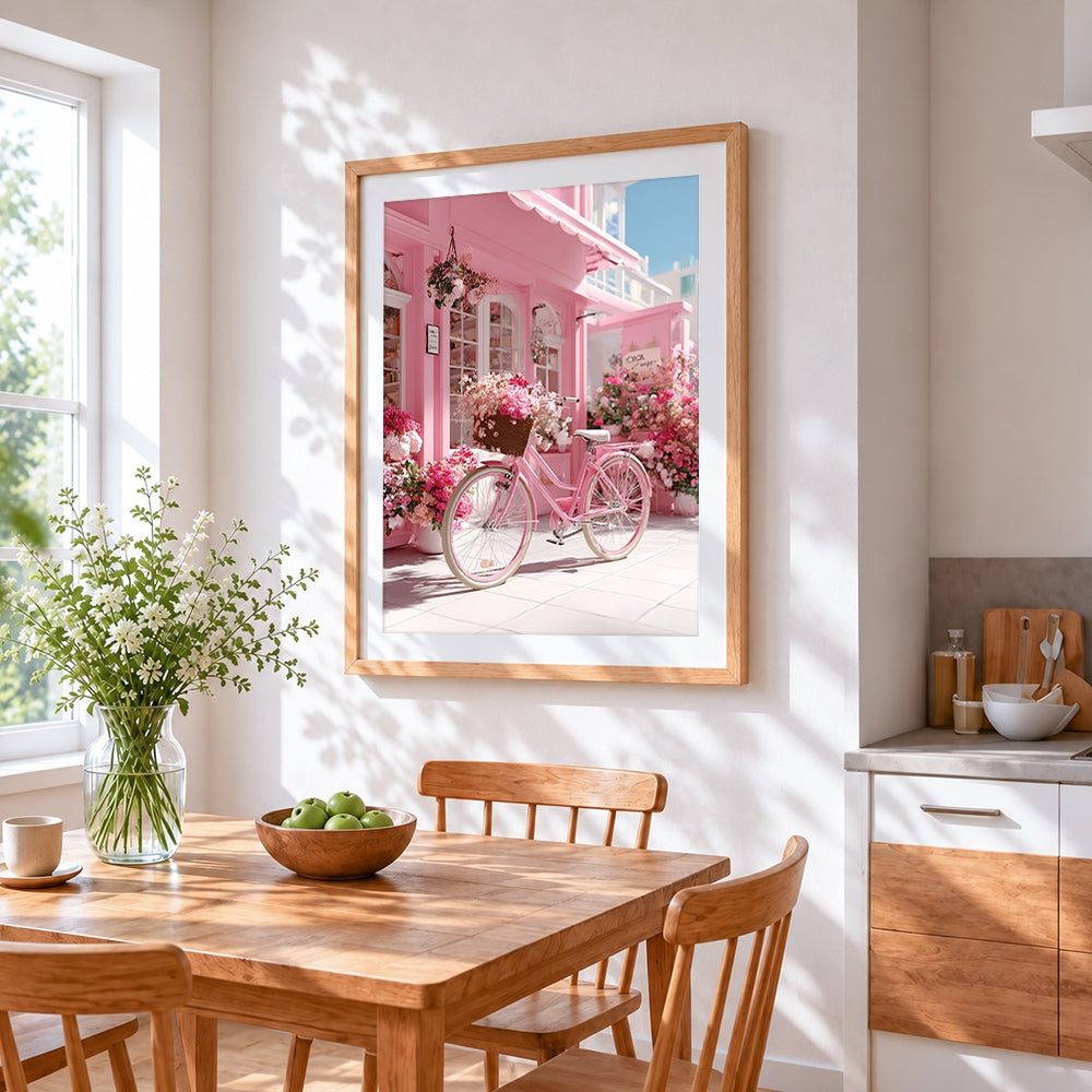 Aesthetic pink flower shop cross stitch artwork displayed on wall as home decor