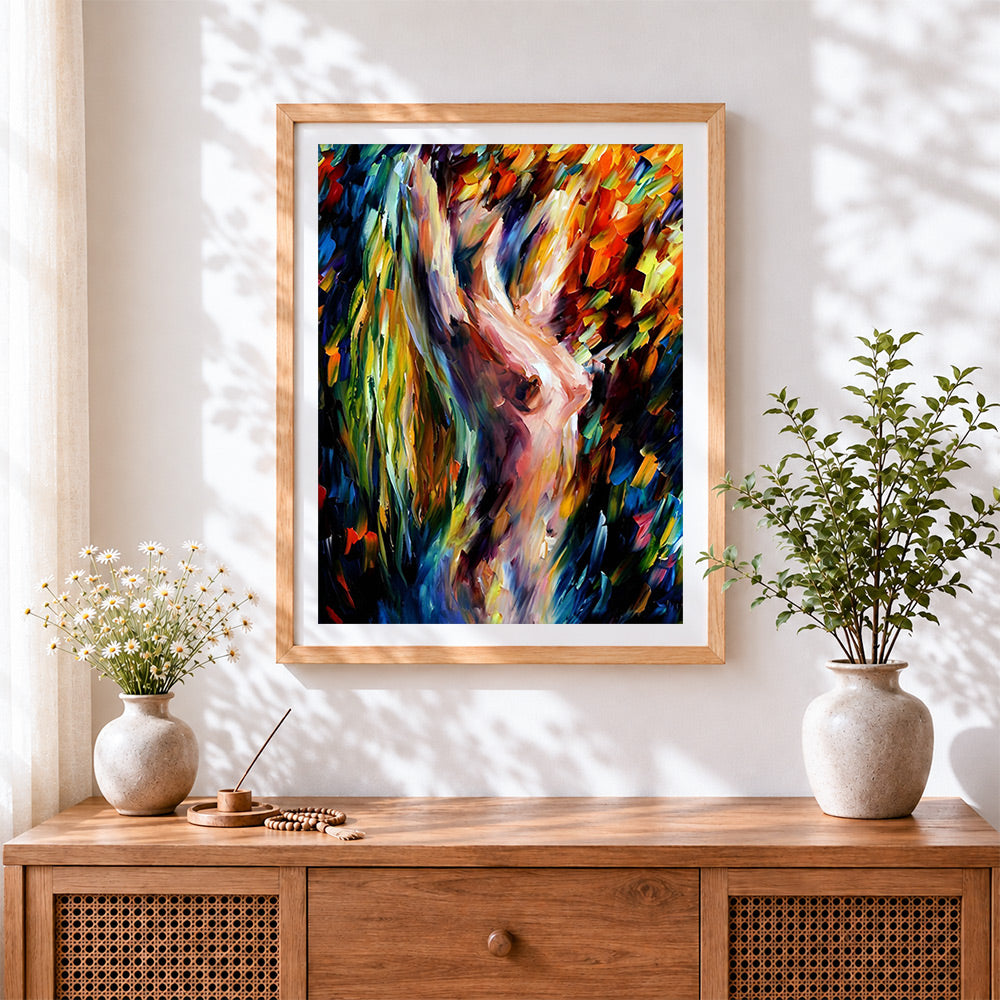 Finished afremov morning abstract woman cross stitch artwork displayed