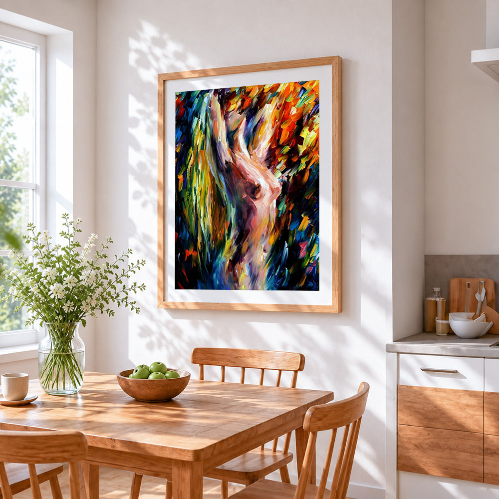 Afremov morning abstract woman cross stitch artwork displayed on wall as home decor