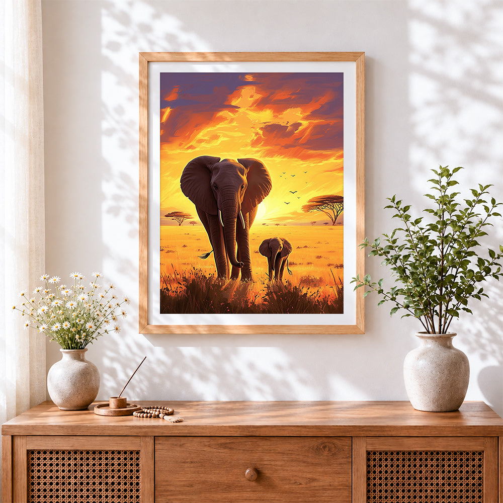 Finished african elephants at sunset cross stitch artwork displayed