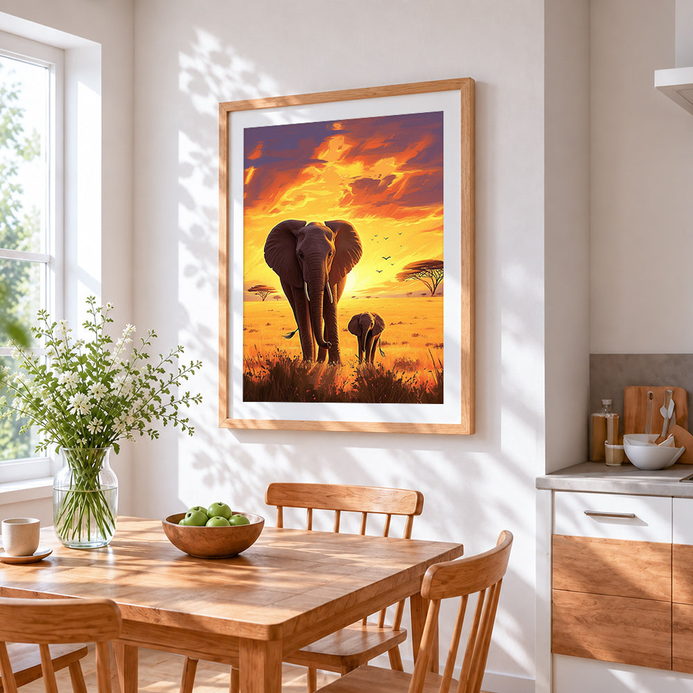 African elephants at sunset paint by numbers artwork displayed on wall as home decor