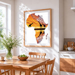 African map with giraffe silhouettes cross stitch artwork displayed on wall as home decor