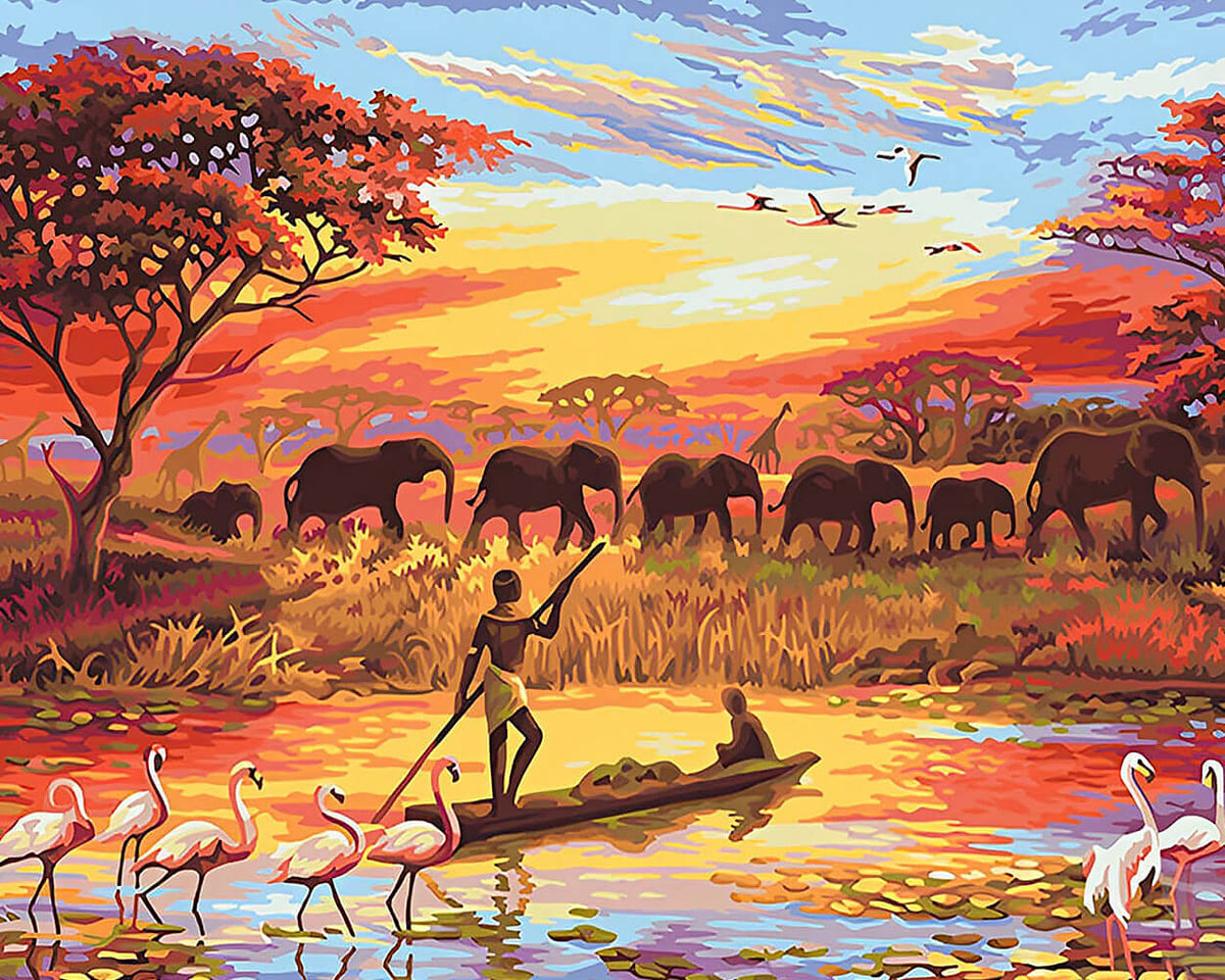 African river canoes and elephant herds cross stitch kit for beginners